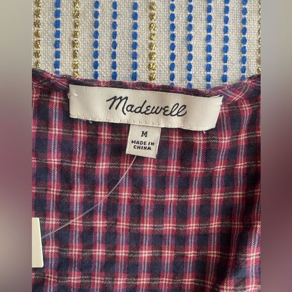 MADEWELL Flutter Sleeve Side Tie Wrap Top Black Red Plaid Women’s Sz Medium NWT - Picture 8 of 13
